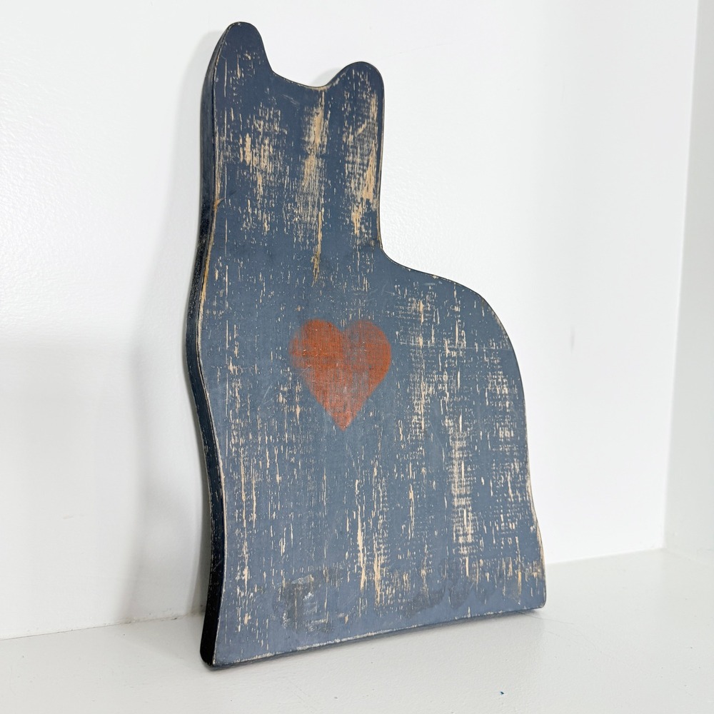 Handcrafted Wooden Cat Silhouette Sign Blue Cottagecore Heart Primitive Folk Art